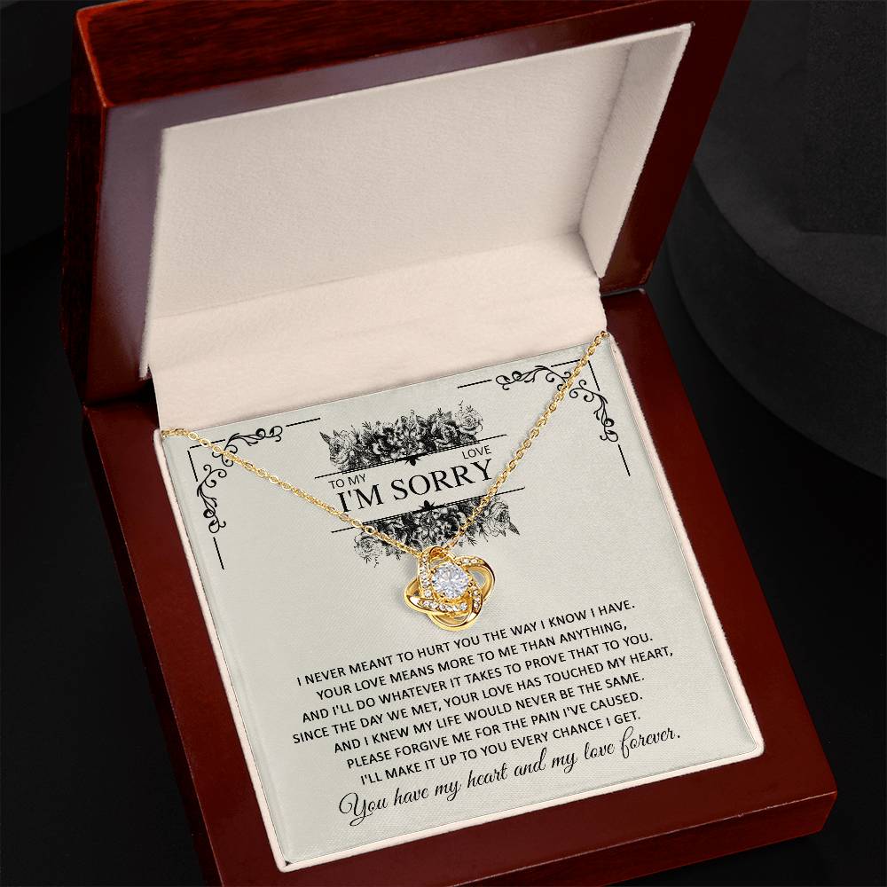 Sorry for hurting you, true and sincere  apologetic letter on message card with love knot pendant necklace.