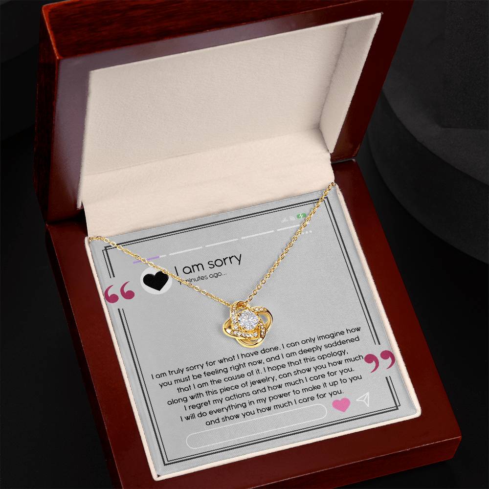 I have made mistakes, I am sorry. message card with apology and love knot pendant necklace, printed and shipped from USA