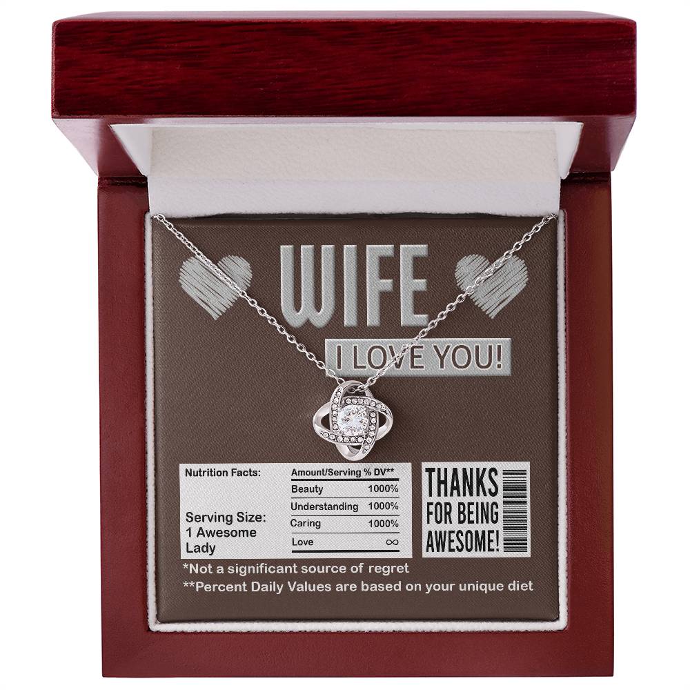 To my beautiful wife, thanks for being awesome! Groom to bride message card with love knot necklace.