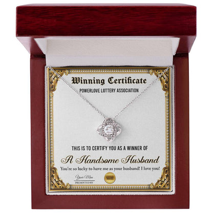 Funny message card greeting to wife from husband on wedding day, includes a love knot pendant necklace.