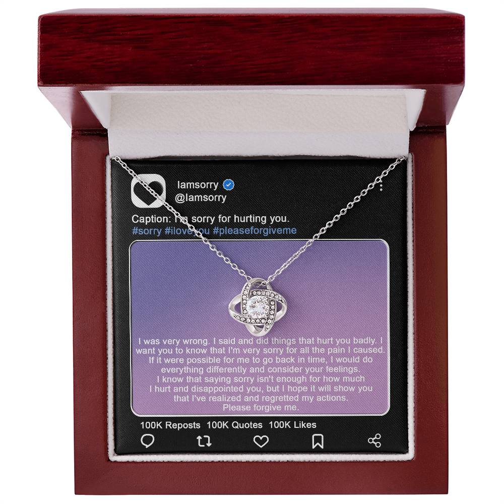 An unusual way to apologize to your loved one, with message card and love knot pendant necklace.