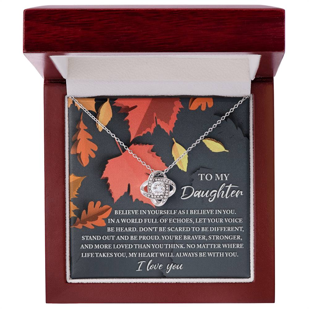 Autumn themed message card with love knot pendant necklace for daughter, Made in USA