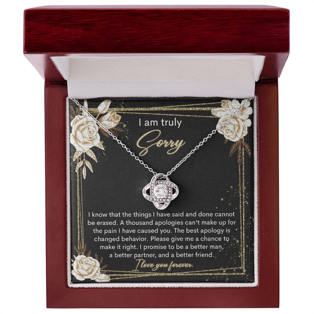 I am truly sorry, message card with genuine heartfelt apology. comes with love knot pendant necklace and luxury jewelry box.