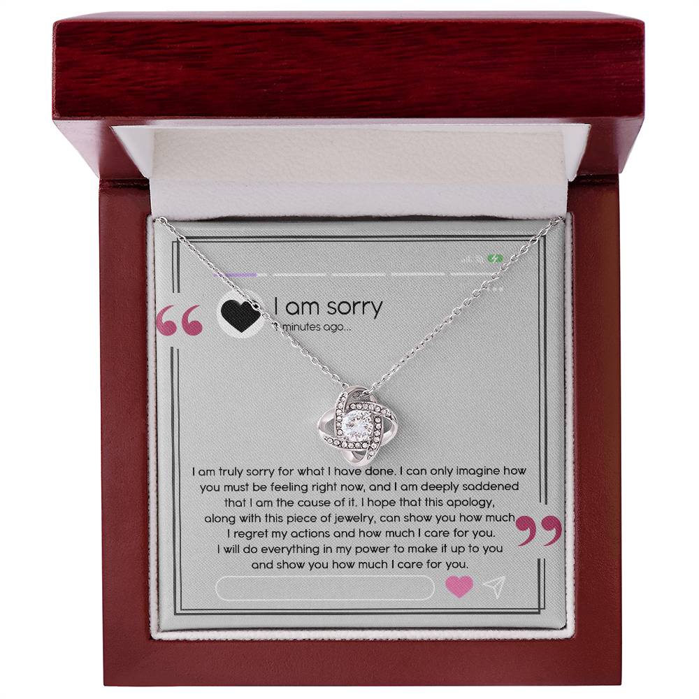 I have made mistakes, I am sorry. message card with apology and love knot pendant necklace, printed and shipped from USA