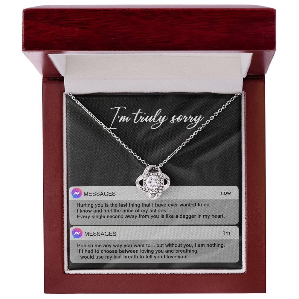 I apologise for hurting you so badly, message card with love knot pendant necklace from him, her