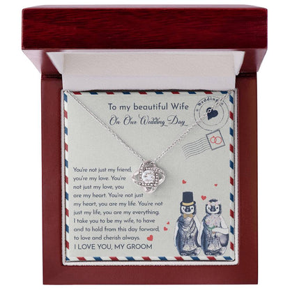 To my beautiful wife on our wedding day. Sentimental message card with necklace gift.