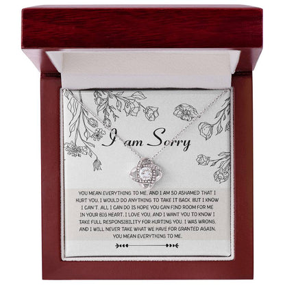 I will never take you for granted again, please forgive me. Message card with sincere apology, includes love knot pendant necklace.