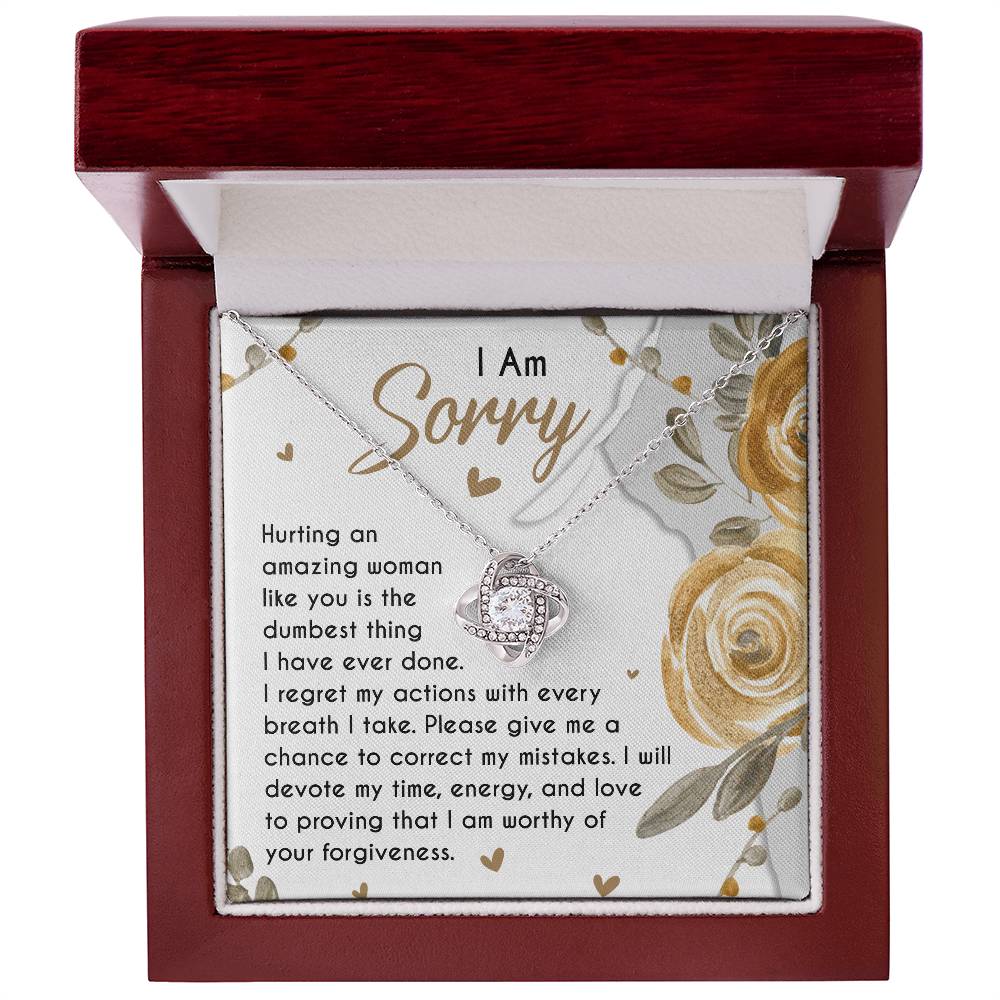 Sorry for hurting you, message card with apology message and a love knot pendant necklace.