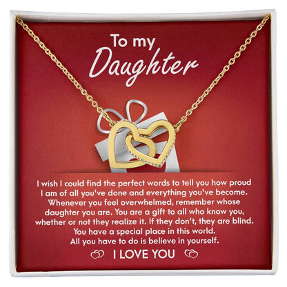 To my dear daughter, Interlocking hearts necklace for  daughter together with heartfelt  greeting on message card.