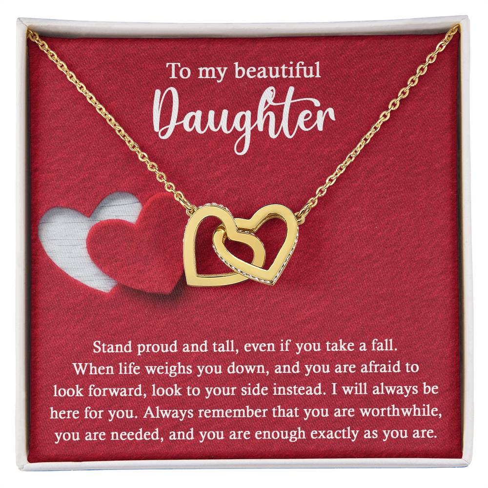 To my beautiful daughter, memento love token for her on wedding day, message card with interlocking hearts necklace,