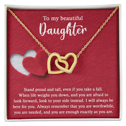 To my beautiful daughter, memento love token for her on wedding day, message card with interlocking hearts necklace,