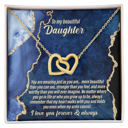 Present for daughter, lovely message card gift with interlocking hearts necklace on wedding, birthday, anniversary celebrations.