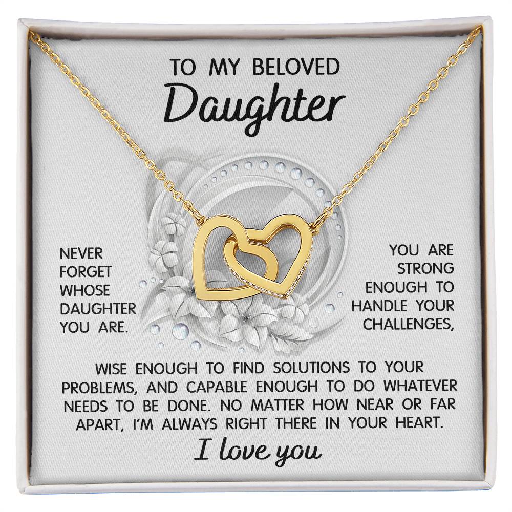 To my beloved daughter on wedding day, gift from mom, dad, bonus parents. Message card with interlocking hearts necklace.