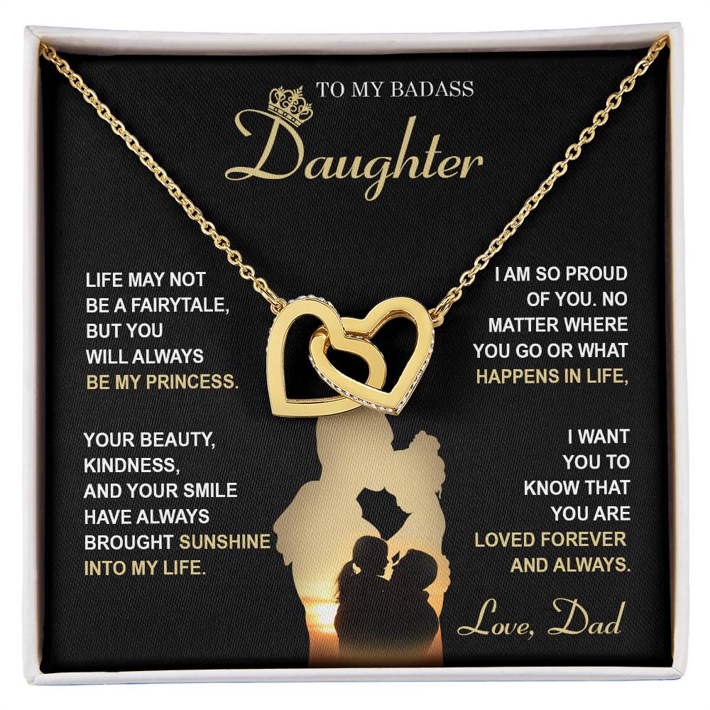 To my Badass daughter, you rock and am so proud of you. Message card gift with interlocking hearts necklace.