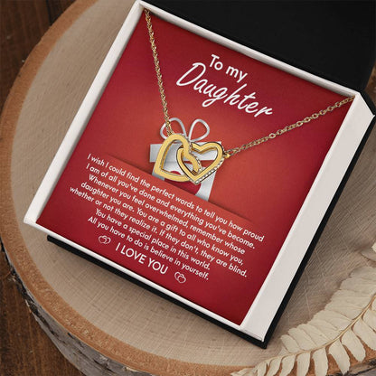 To my dear daughter, Interlocking hearts necklace for  daughter together with heartfelt  greeting on message card.