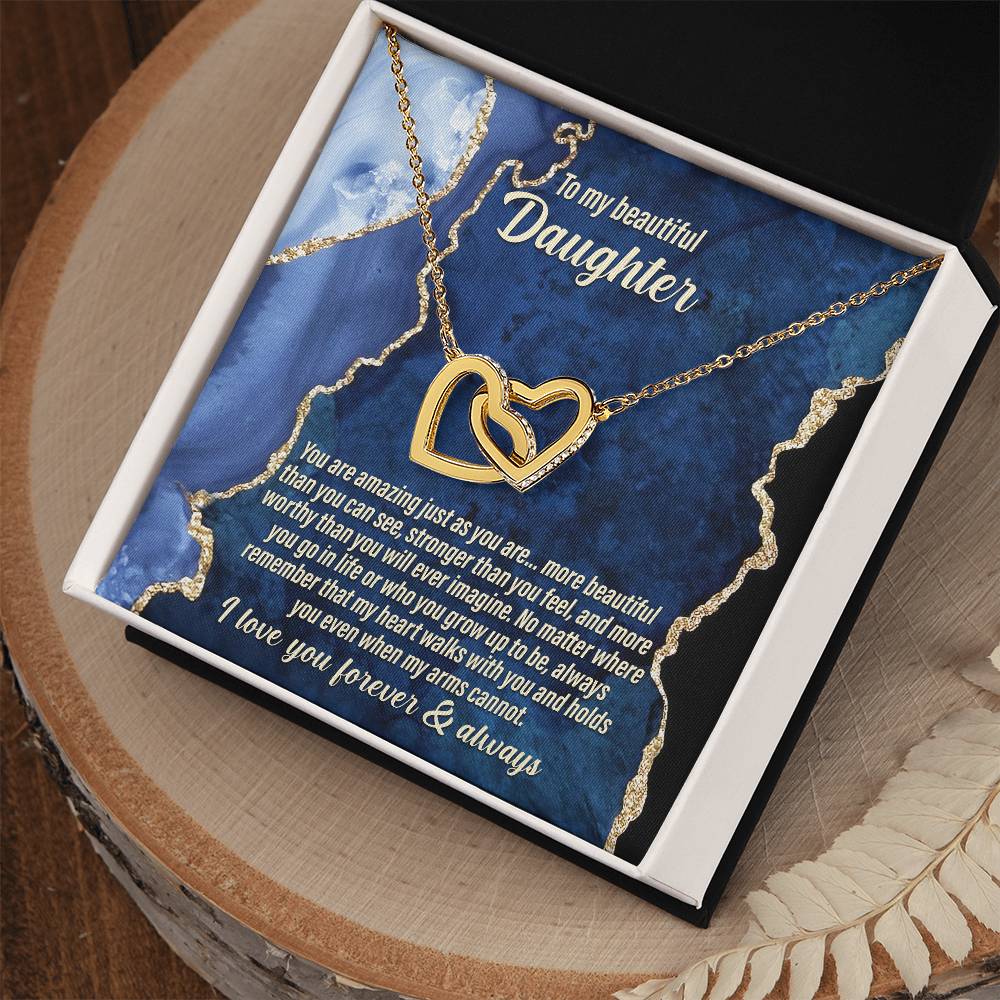 Present for daughter, lovely message card gift with interlocking hearts necklace on wedding, birthday, anniversary celebrations.