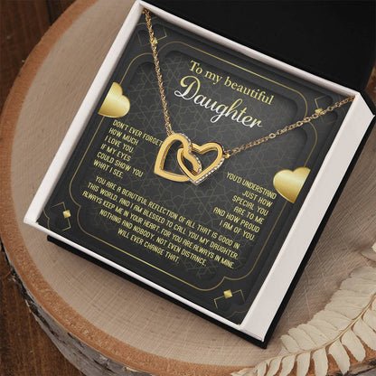 Gifts for daughters on birthday, wedding day, graduation and other anniversaries. Message card with interlocking hearts.