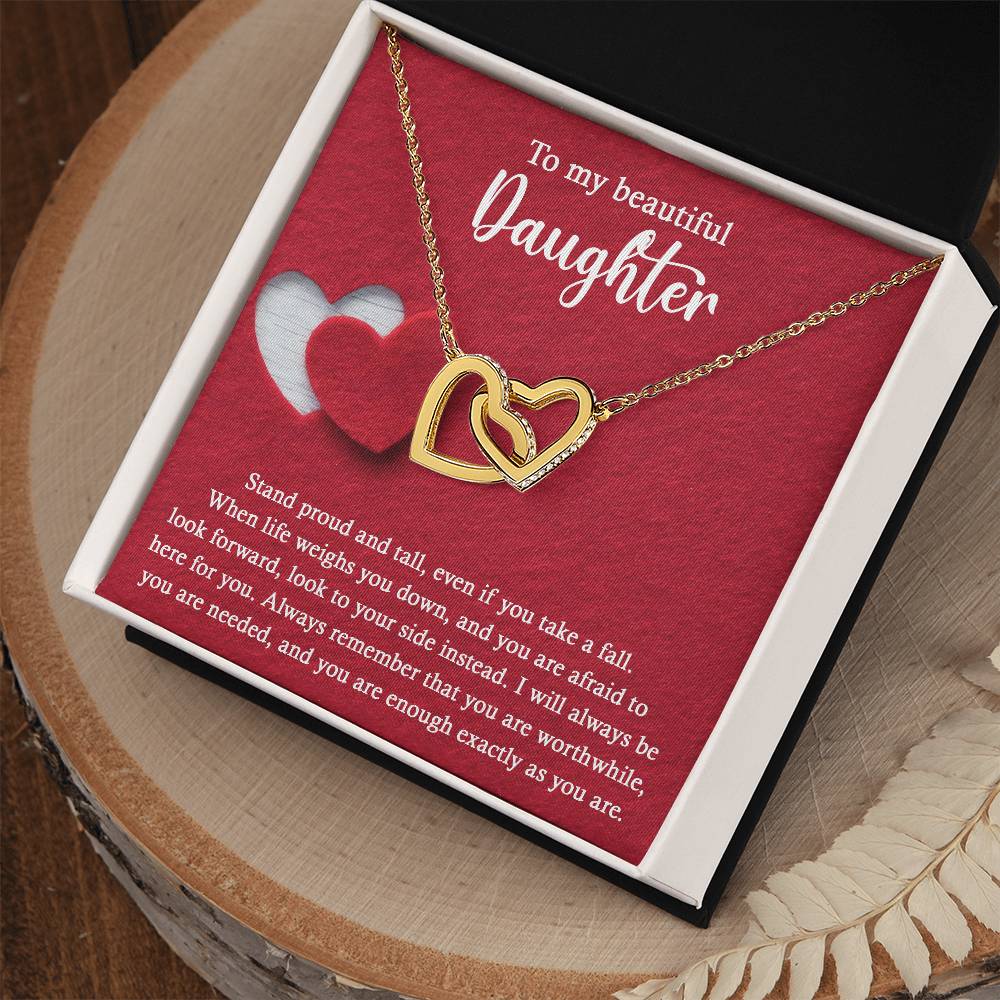 To my beautiful daughter, memento love token for her on wedding day, message card with interlocking hearts necklace,