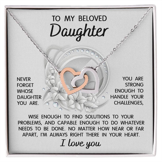 To my beloved daughter on wedding day, gift from mom, dad, bonus parents. Message card with interlocking hearts necklace.