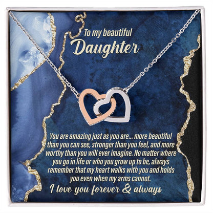 Present for daughter, lovely message card gift with interlocking hearts necklace on wedding, birthday, anniversary celebrations.