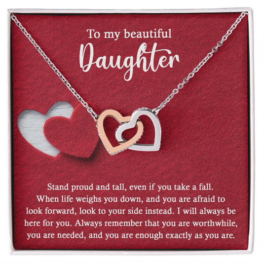 To my beautiful daughter, memento love token for her on wedding day, message card with interlocking hearts necklace,