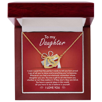 To my dear daughter, Interlocking hearts necklace for  daughter together with heartfelt  greeting on message card.