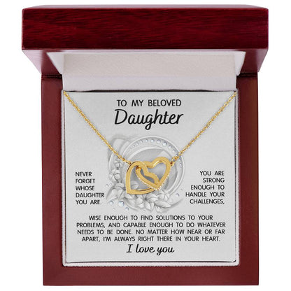 To my beloved daughter on wedding day, gift from mom, dad, bonus parents. Message card with interlocking hearts necklace.