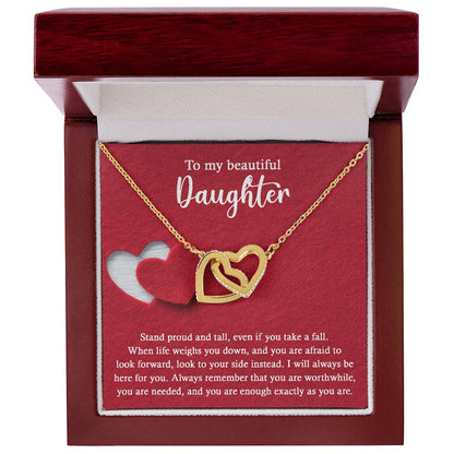 To my beautiful daughter, memento love token for her on wedding day, message card with interlocking hearts necklace,