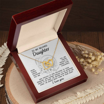 To my beloved daughter on wedding day, gift from mom, dad, bonus parents. Message card with interlocking hearts necklace.