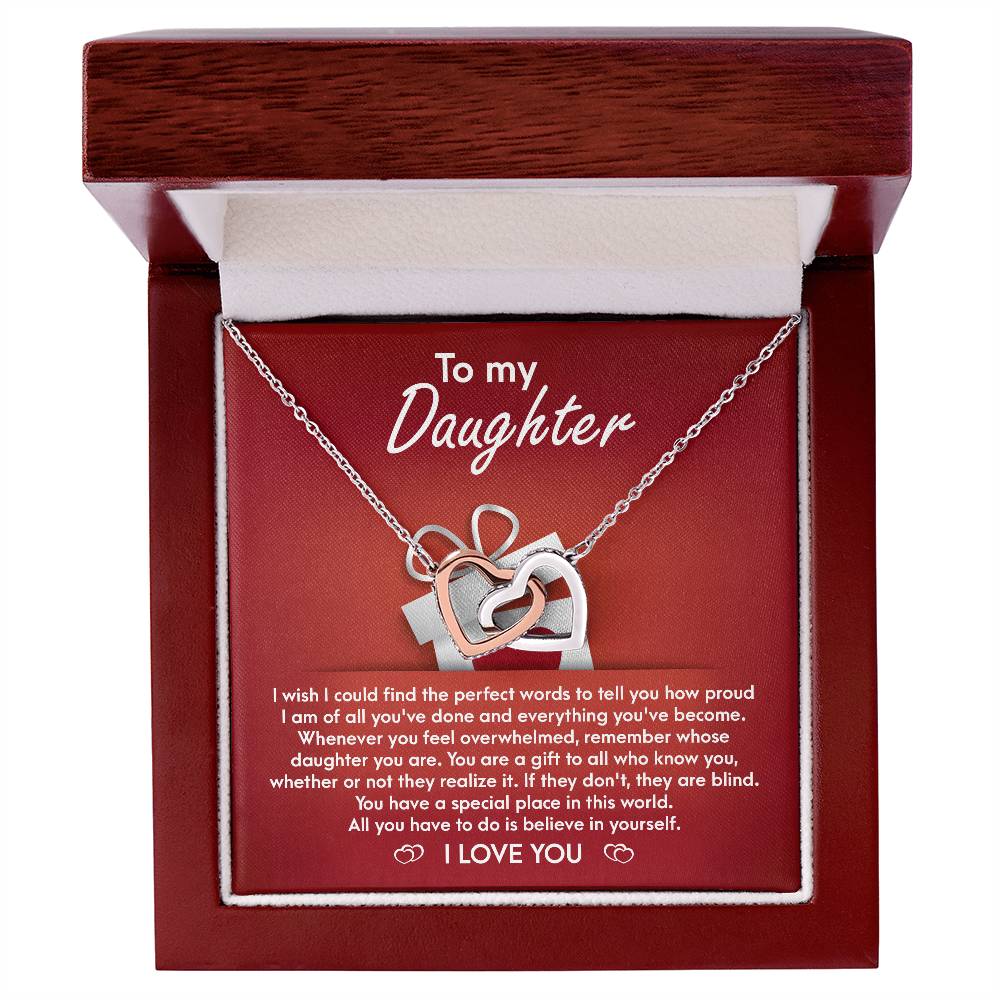 To my dear daughter, Interlocking hearts necklace for  daughter together with heartfelt  greeting on message card.