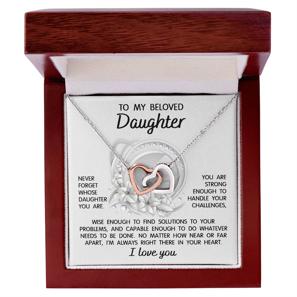 To my beloved daughter on wedding day, gift from mom, dad, bonus parents. Message card with interlocking hearts necklace.