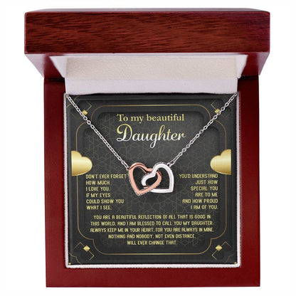 Gifts for daughters on birthday, wedding day, graduation and other anniversaries. Message card with interlocking hearts.