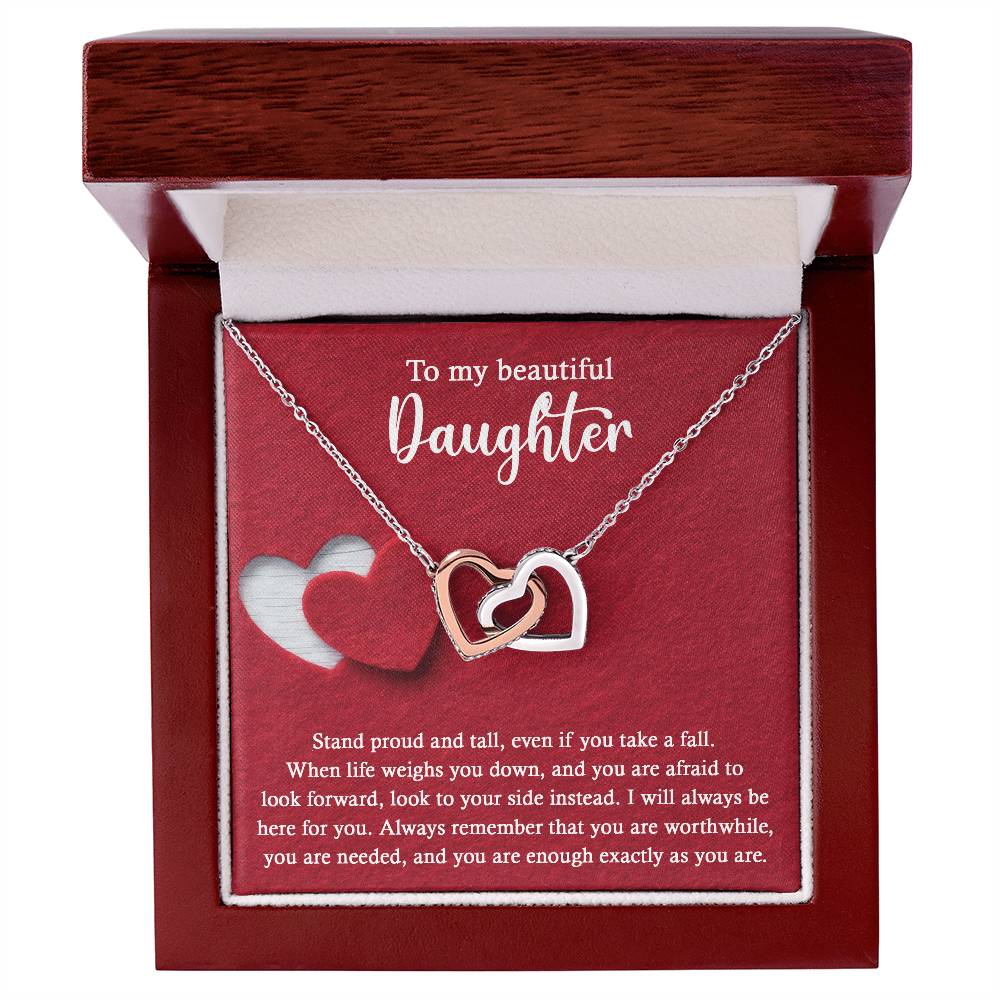 To my beautiful daughter, memento love token for her on wedding day, message card with interlocking hearts necklace,