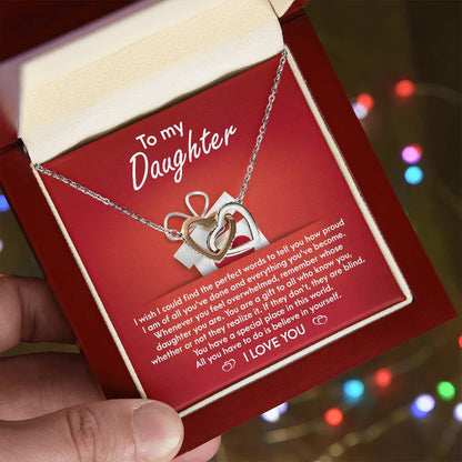 To my dear daughter, Interlocking hearts necklace for  daughter together with heartfelt  greeting on message card.