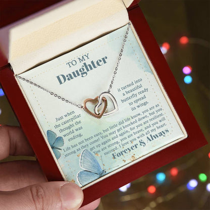 To my daughter, I will love you forever and always, message card with love knot necklace from mom, dad on birthday, wedding day and other celebrations.