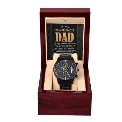 To my boyfriends dad- message card gift with black chronograph watch from girlfriend to boyfriends dad, father´s day or birthday present.