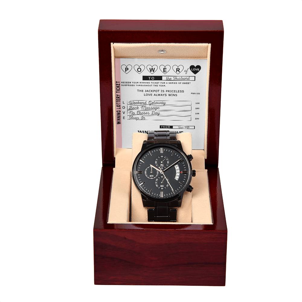 Wife to Husband gift card message with a black chronograph wrist watch with luxury copper dial.