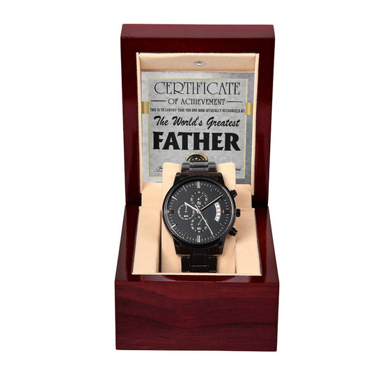 To my father, certificate of achievement to the world´s greatest father. Black chronographic wrist watch with message card.