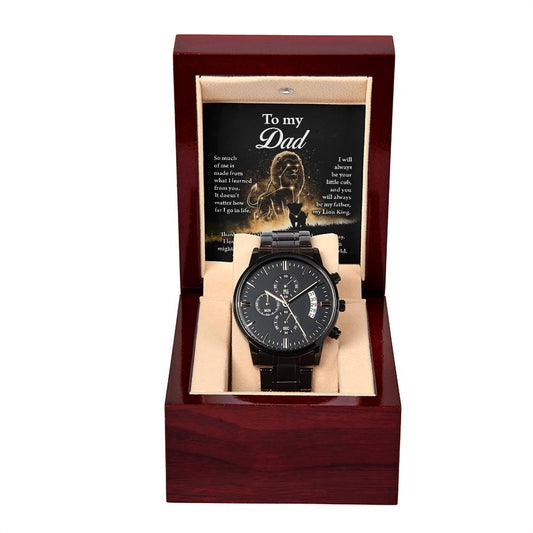 To my Dad, message card greeting includes men´s black chronographic stainless steel wrist watch with vegan leather strap.