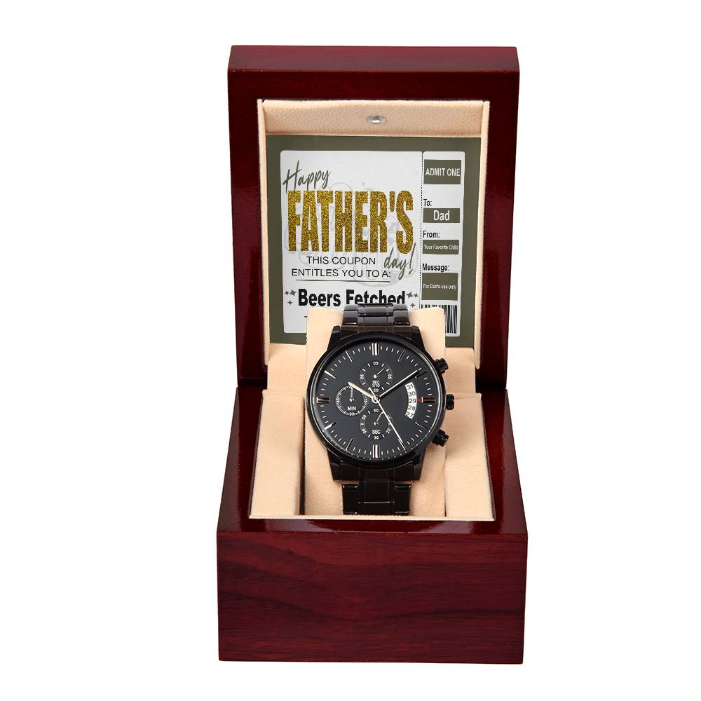 Happy Father´s day message gift card for Dad, includes black chronograph stainless steel watch with luxury copper dial.