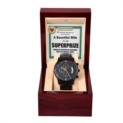 Funny gift card message from wife to husband, includes black chronograph wrist watch with luxury copper dial.