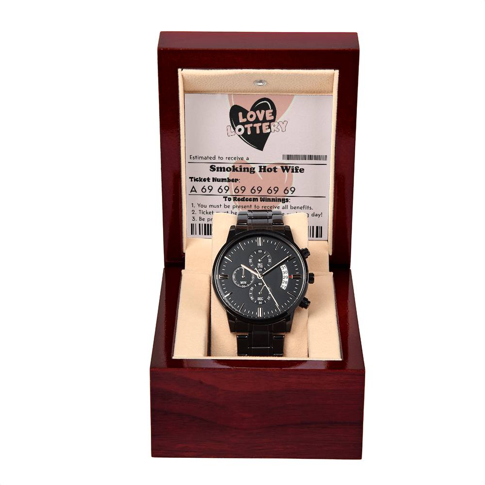 Funny gift idea for groom to bride, love lottery with husband as jackpot winner! Message card with black chronograph watch.