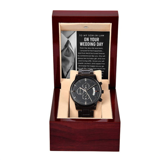 Present idea for future son-in-law on wedding day, black chronograph wristwatch with message card.