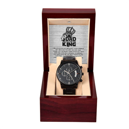 Perfect gift to Dad from daughter , message card includes black chronographic stainless  steel wrist watch.