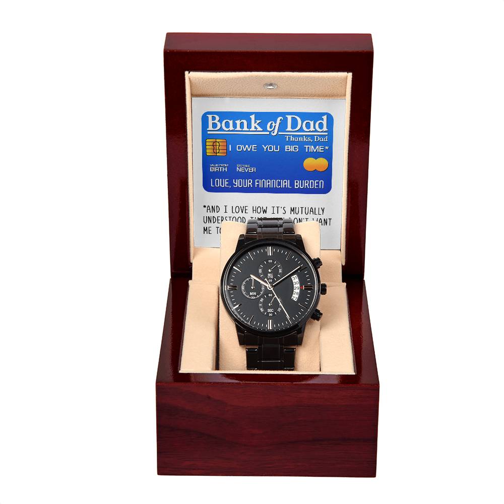 Funny message card gift for Dad, black chronograph stailess steel watch with luxury copper dial.