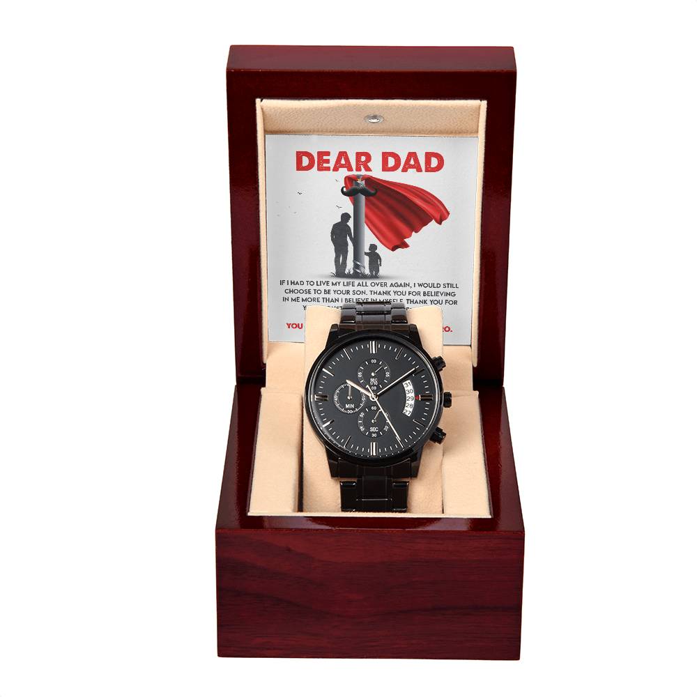 To my Dad, you will always be my hero! black chronograph watch with message card for dad on father´s day or birthday celebration.