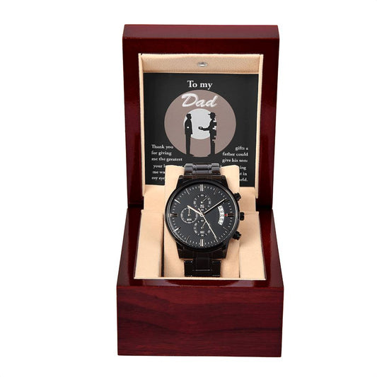 Special present for Dad on father´s day or birthday. Message gift card with black chronographic wrist watch.