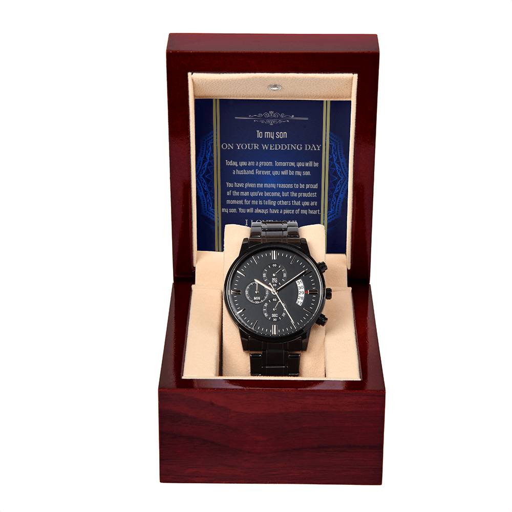 Message card with black chronograph wristwatch for son on wedding day.