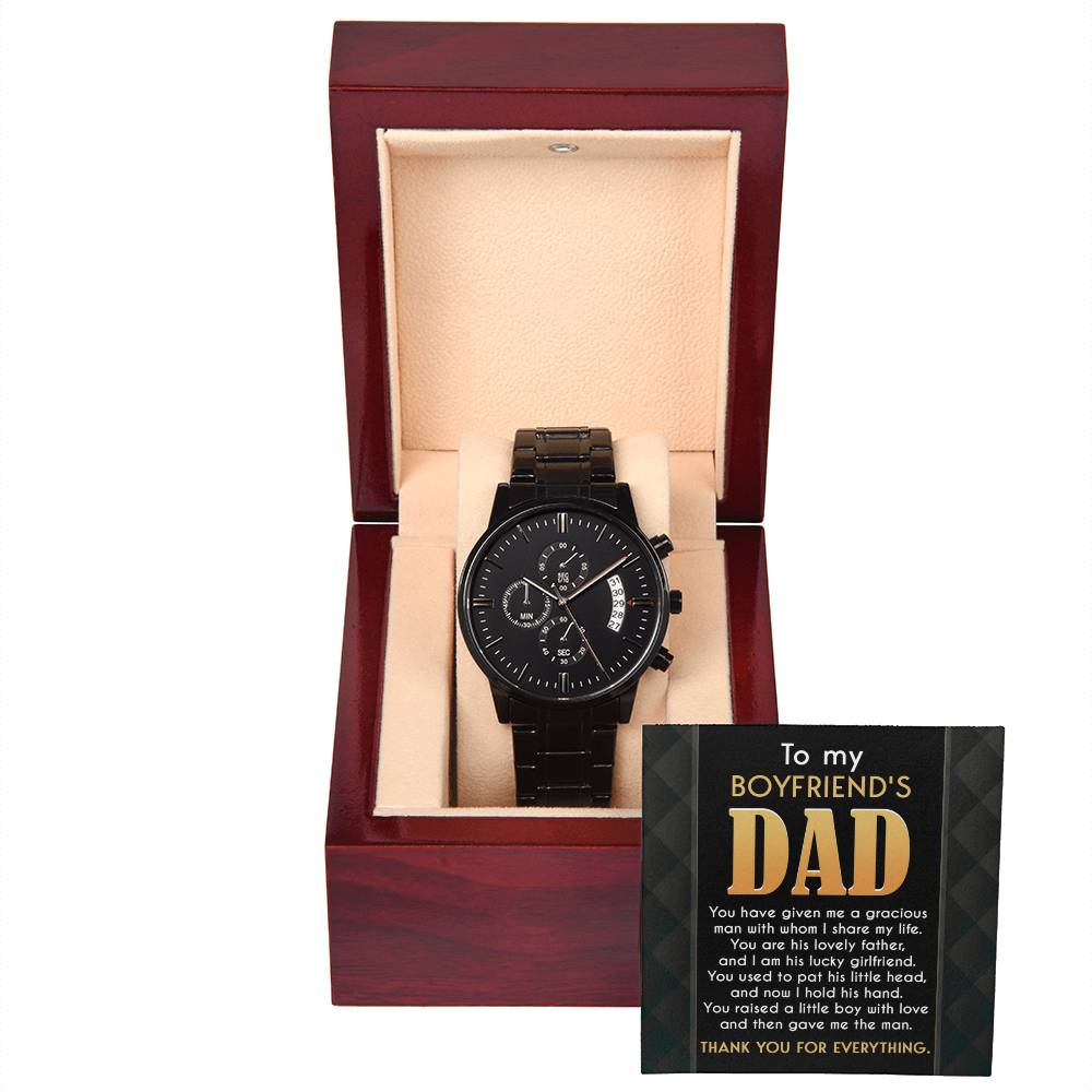 To my boyfriends dad- message card gift with black chronograph watch from girlfriend to boyfriends dad, father´s day or birthday present.