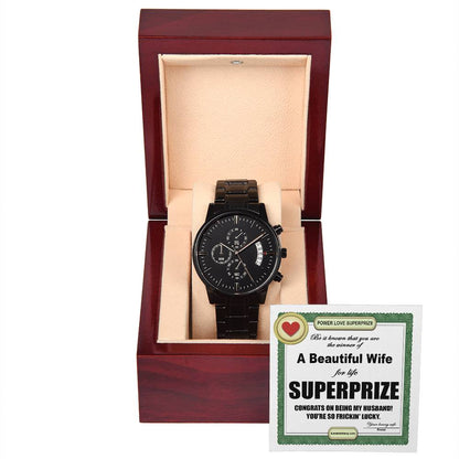 Funny gift card message from wife to husband, includes black chronograph wrist watch with luxury copper dial.